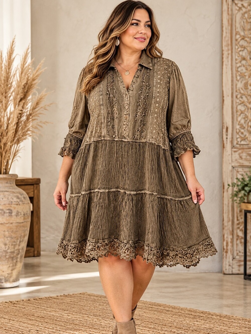 591.Boho Embroidered Tiered Crochet Lace-Trim Shirt Dress in Olive